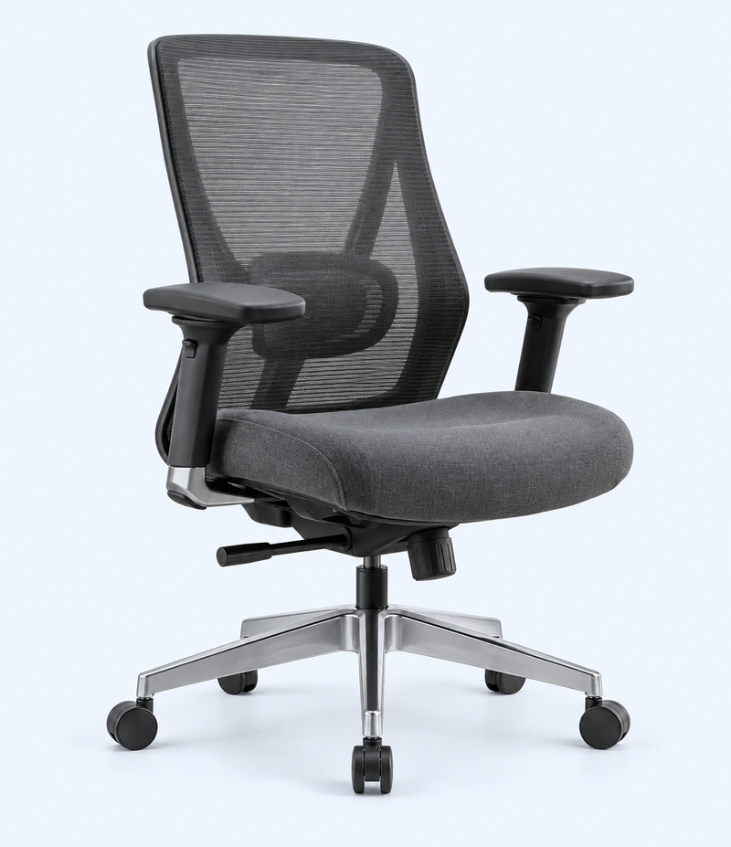 Charcoal-grey high-back mesh office chair, front three-quarter view