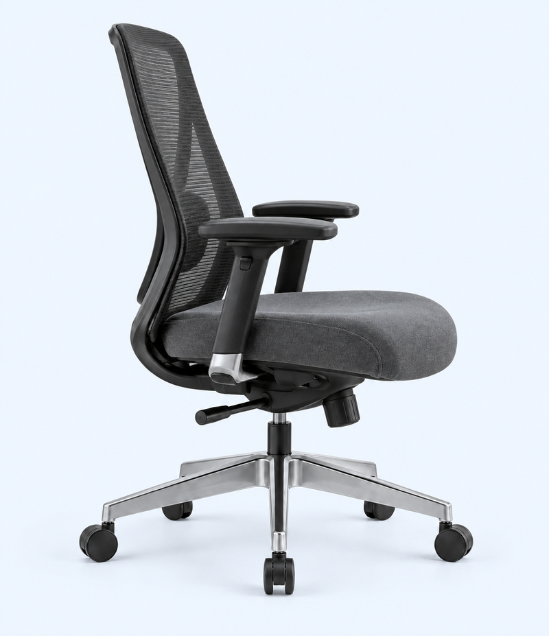 Side view of charcoal-grey mesh office chair with padded seat and armrests