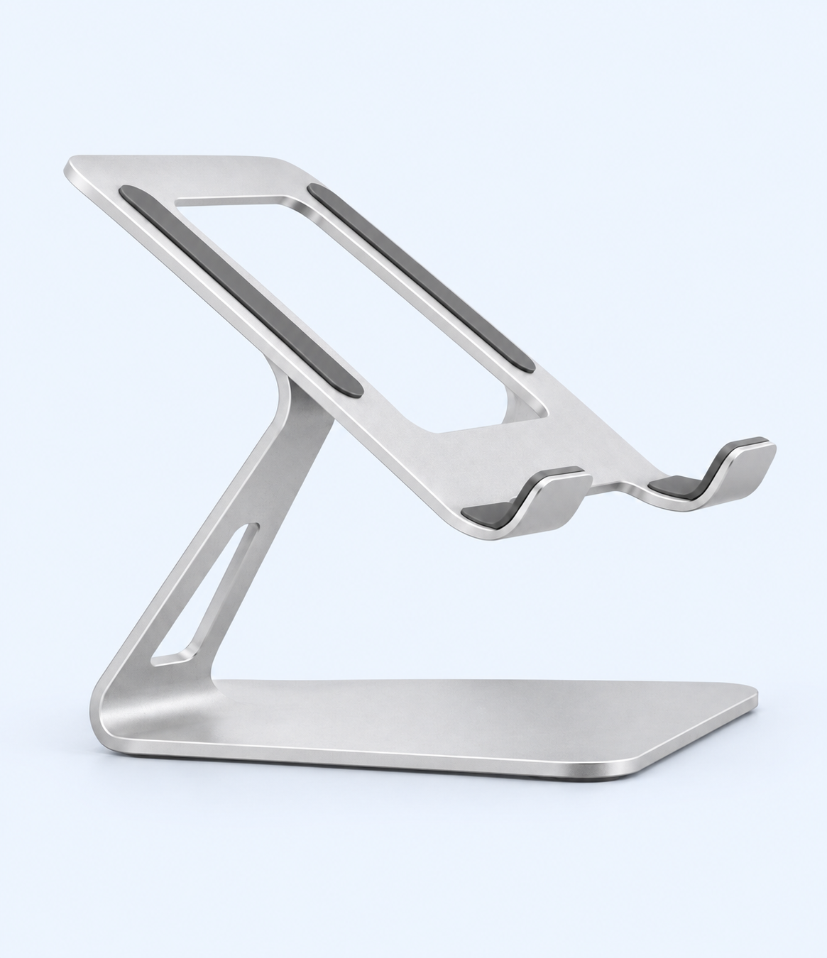 Side view of elevated silver laptop stand and broad base