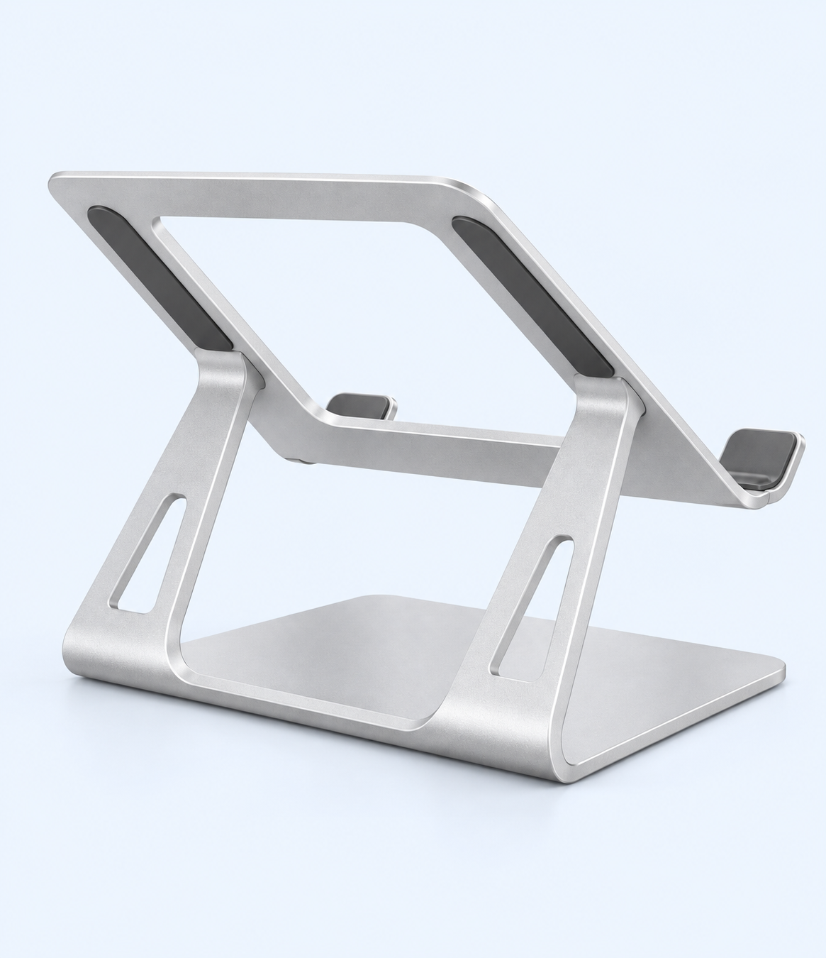Rear view of silver laptop stand showing two side supports and cushioning strips