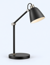 Black desk lamp with tapered shade, silver-tone joints and circular base