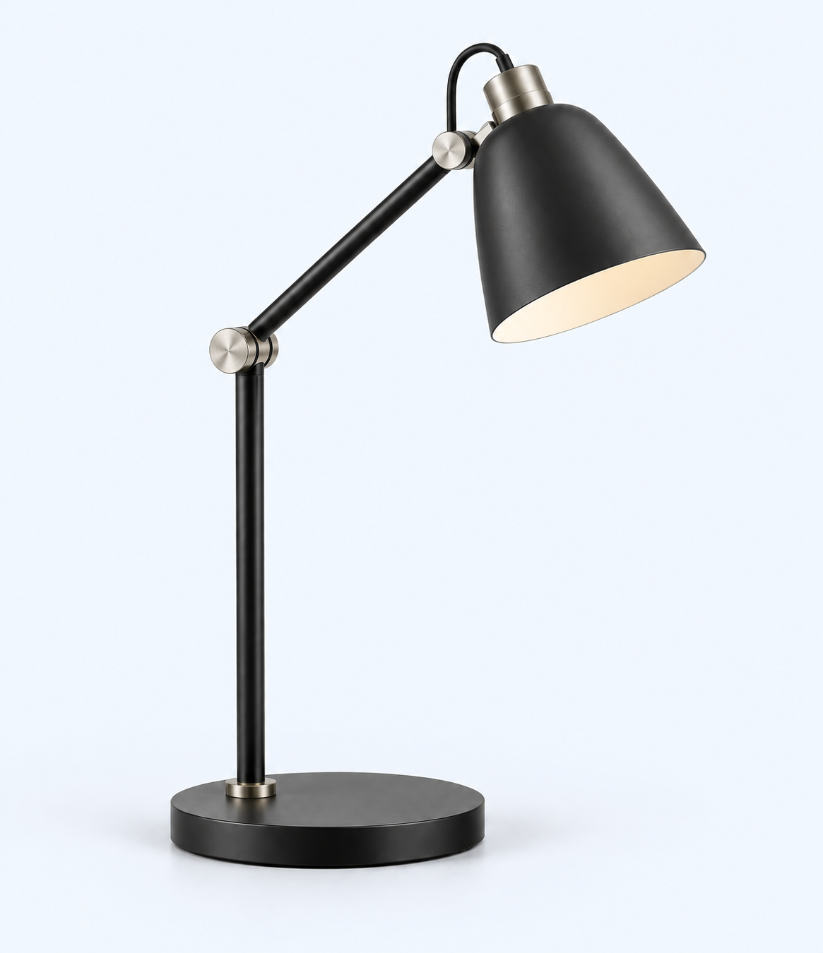 Front angled view of classic black and silver jointed desk lamp