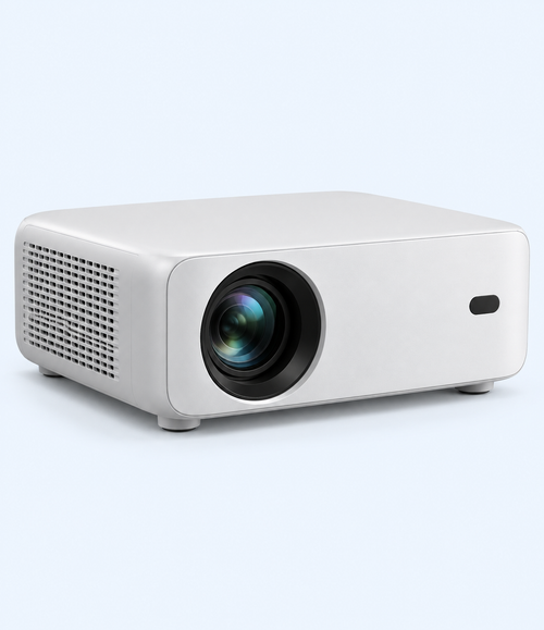 White projector with black lens surround, front three-quarter view
