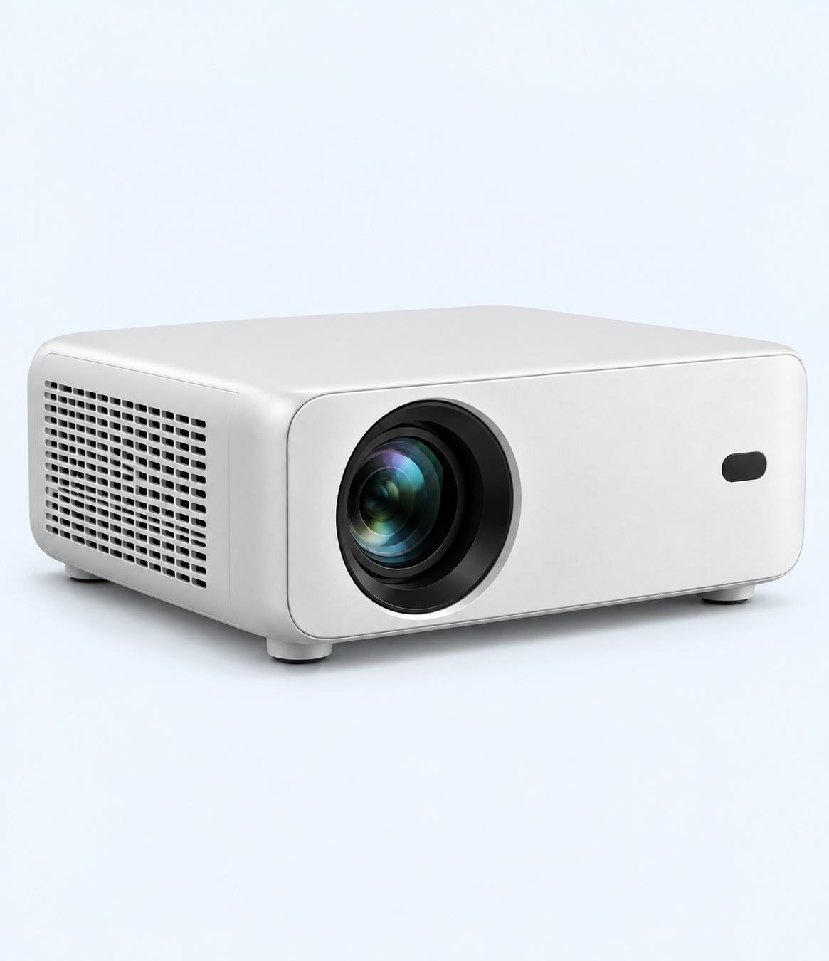 Angled front view of minimalist white projector showing side ventilation grille