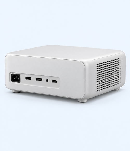 Rear view of white projector showing recessed connection panel and side ventilation