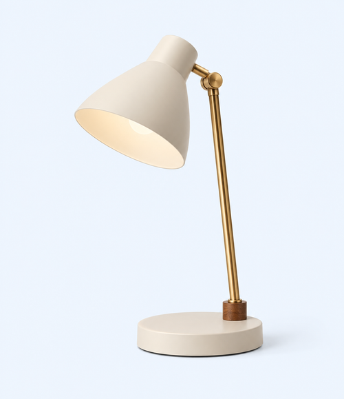 Cream desk lamp with tapered shade, gold-tone stem and round base