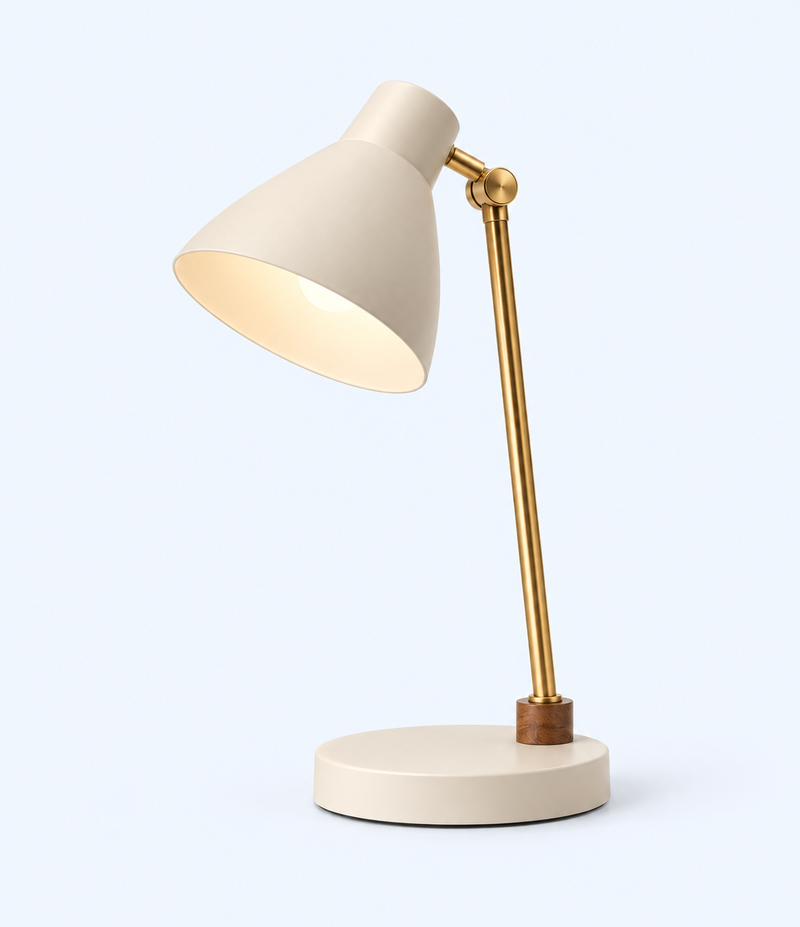 Front angled view of cream and gold-tone desk lamp