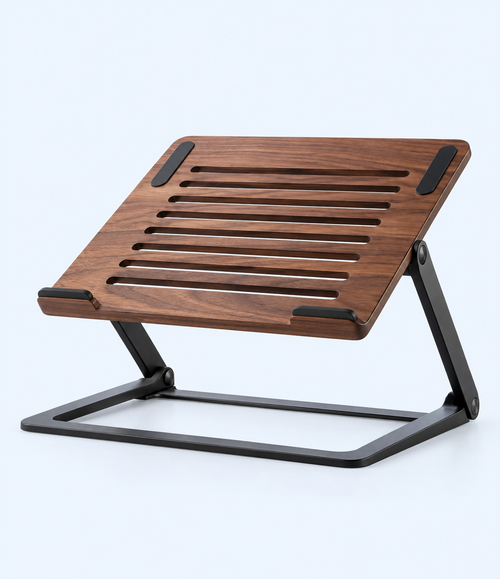 Wood-look laptop stand with slotted brown platform and black support frame, front view