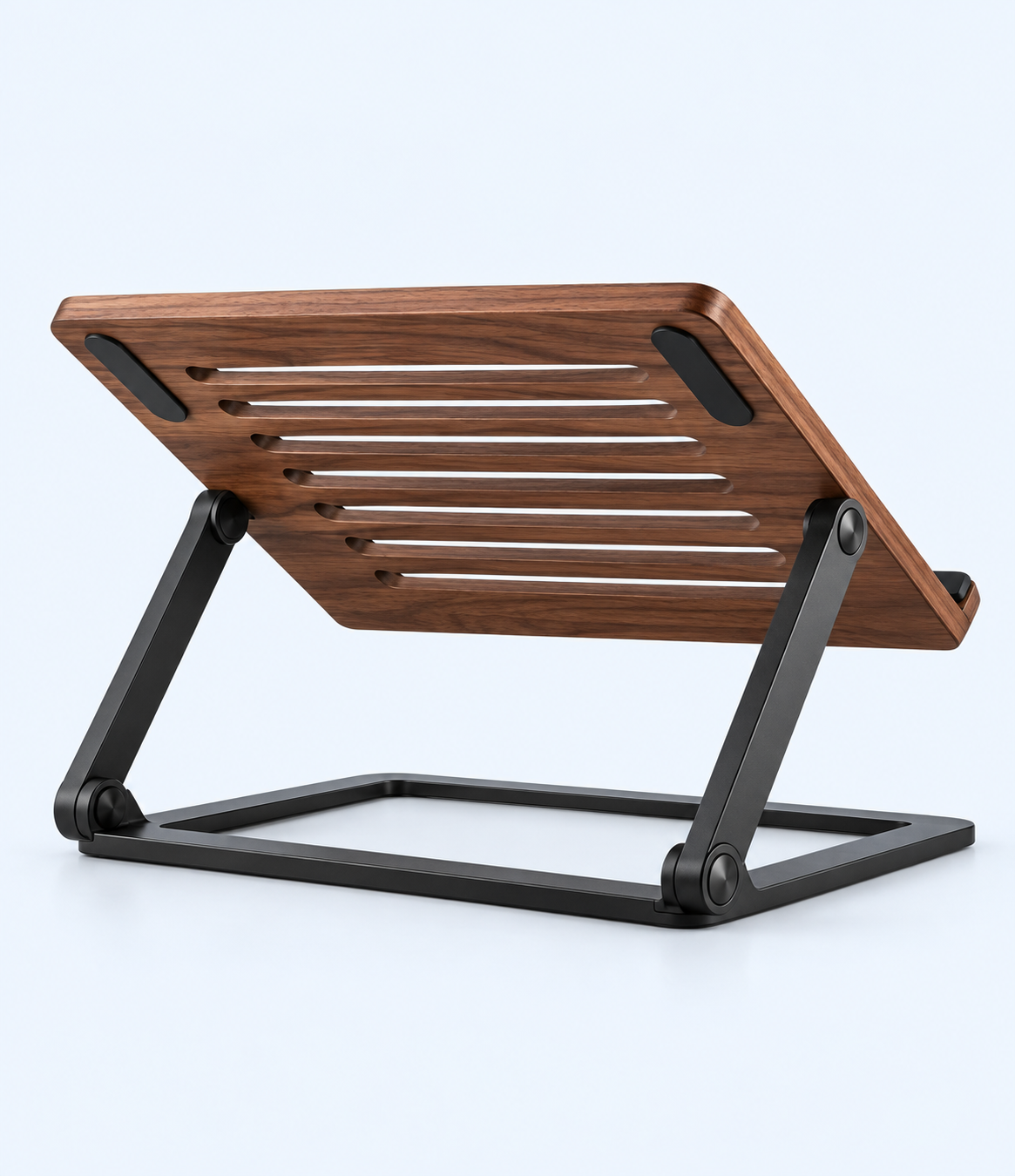 Rear view of slotted wood-look laptop stand with black side supports and open base