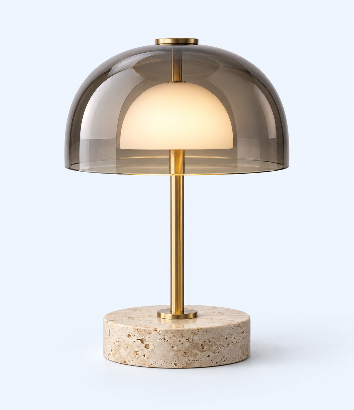 Dome desk lamp with smoky-grey translucent shade, gold-tone stem and textured beige circular base