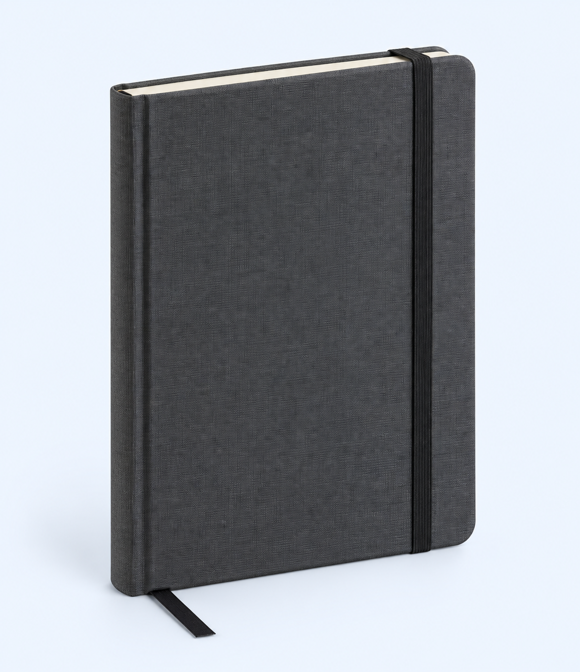 Charcoal-grey notebook with elastic closure and black ribbon bookmark