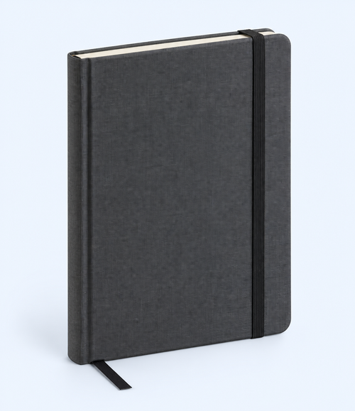 Charcoal-grey notebook with elastic closure and black ribbon bookmark