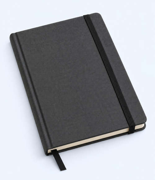 Charcoal-grey notebook lying flat with elastic band and ribbon bookmark