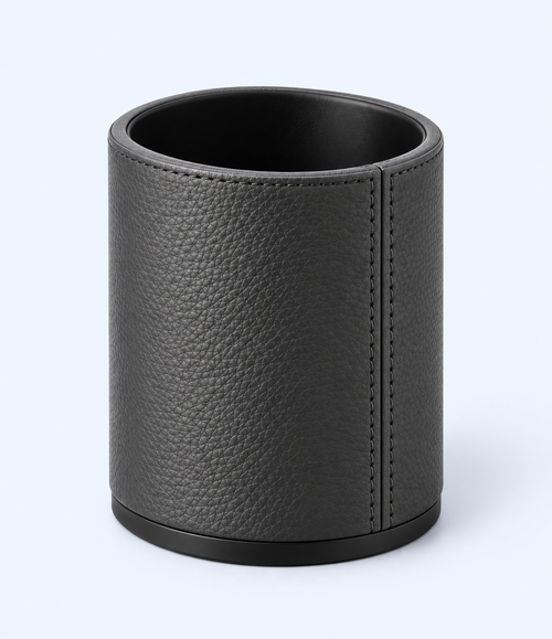 Angled view of textured charcoal pen holder with open top and stitching