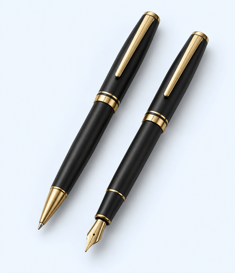 Matching black and gold-tone ballpoint and fountain pen set