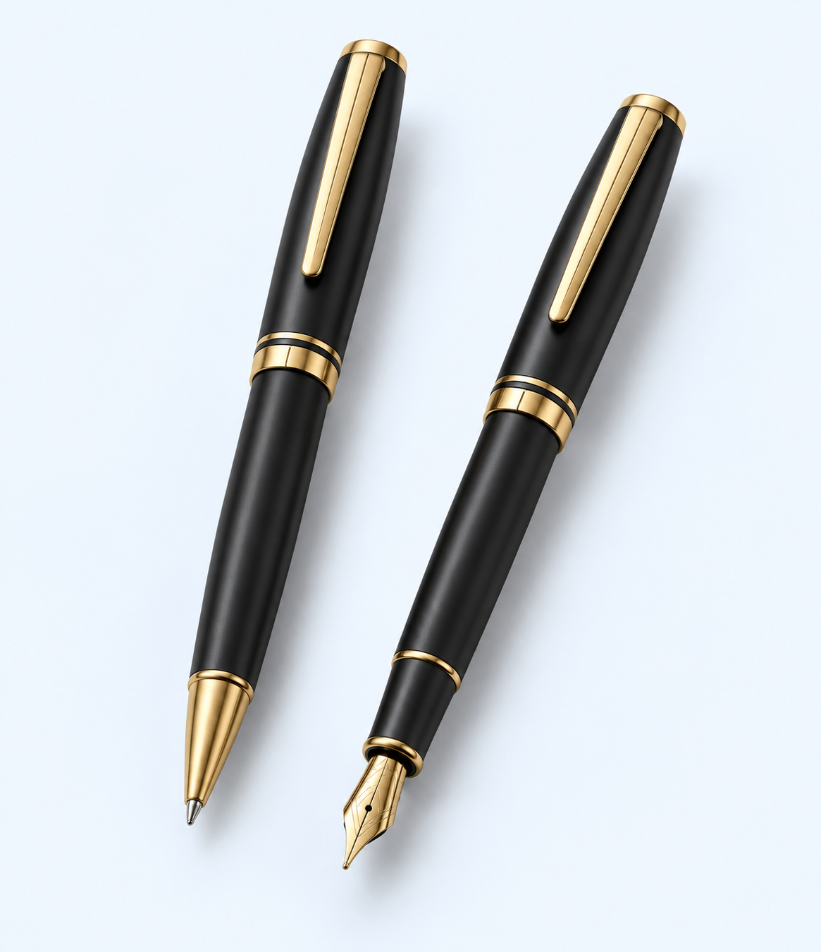 Front view of black pen set showing gold-tone clips and fountain pen nib
