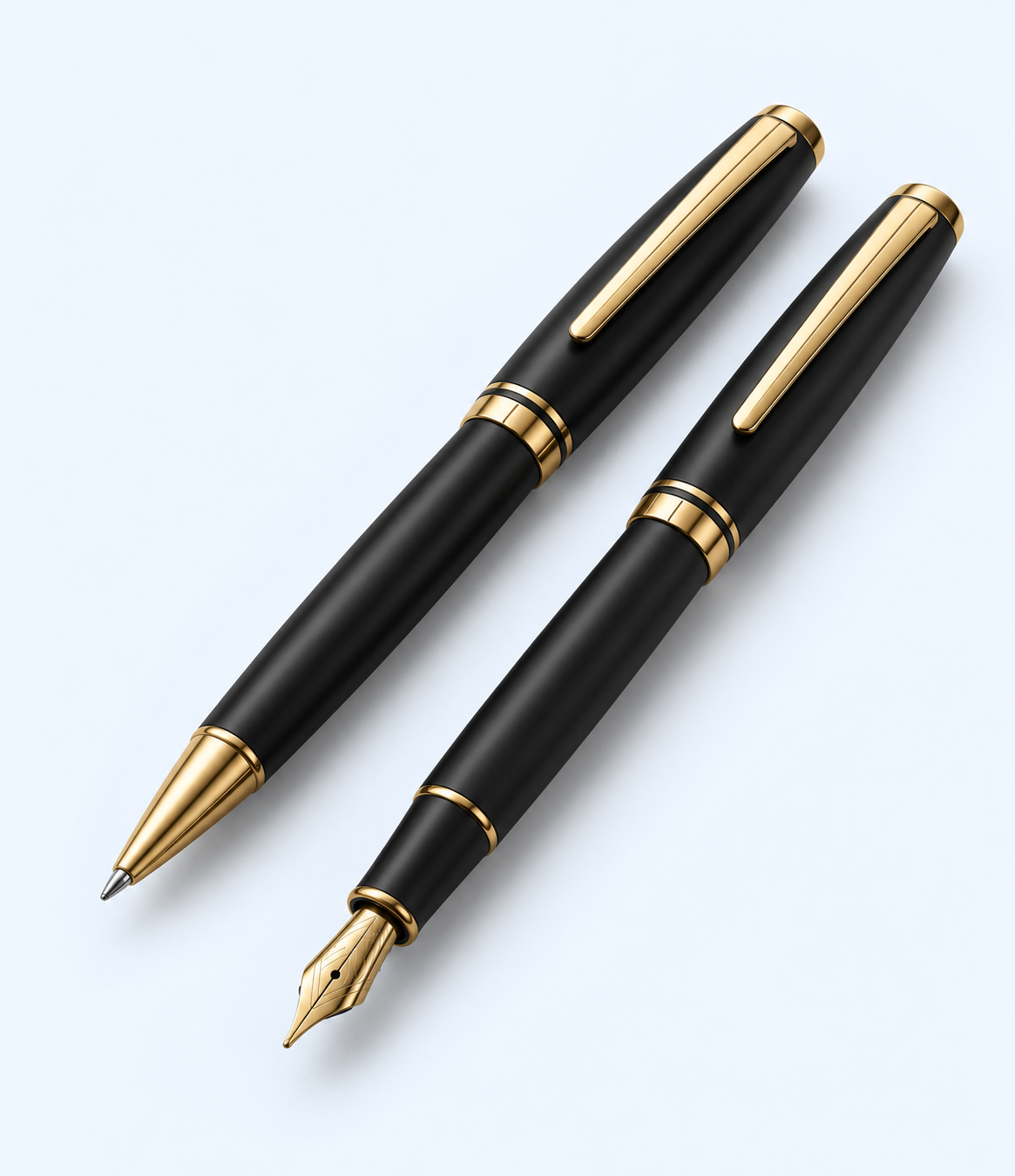Diagonal view of black and gold-tone ballpoint and fountain pens