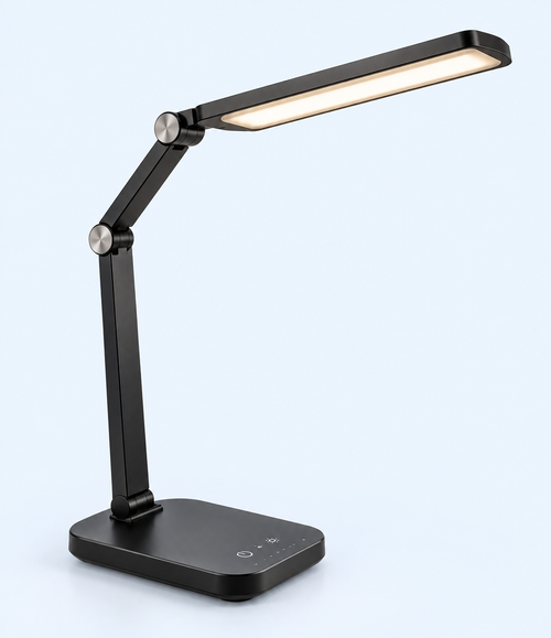 Black articulated desk lamp with illuminated rectangular light head and silver-tone hinge accents