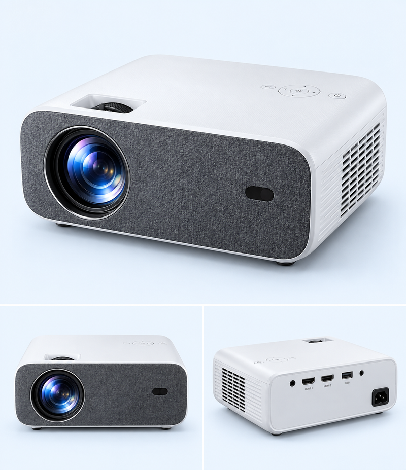 Projector collage showing front, side and rear connection panel
