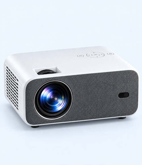 Front three-quarter view of white and charcoal-grey projector