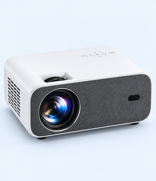 White projector with charcoal-grey front panel and reflective lens