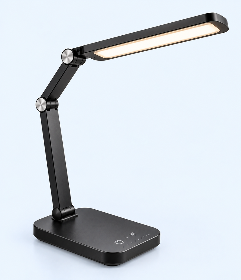 Angled view of black desk lamp showing jointed arm and control markings on the base
